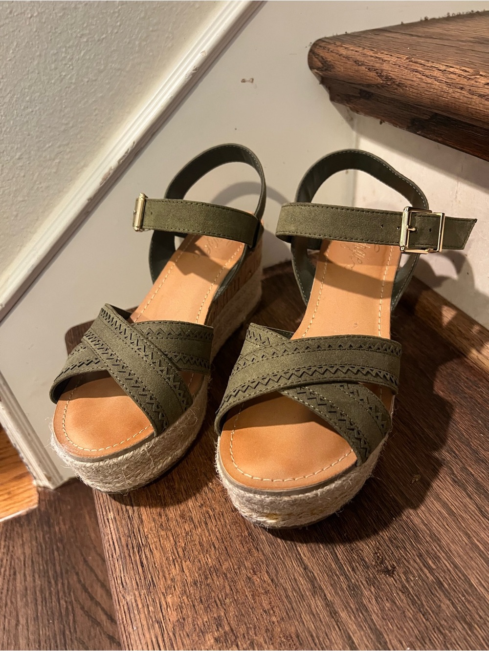 Womens Olive Green Espadrille Wedge Sandals - Ankle Strap